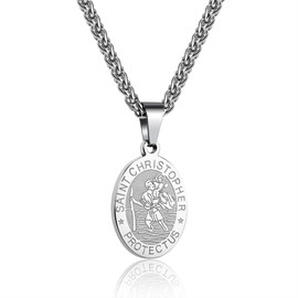 Aretas Saint Christopher Medal Necklace for Men Teen Boys, Silver St Christopher Pendant Chain Catholic Religious Jewelry First Communion Confirmation Gifts Teenage Him Age