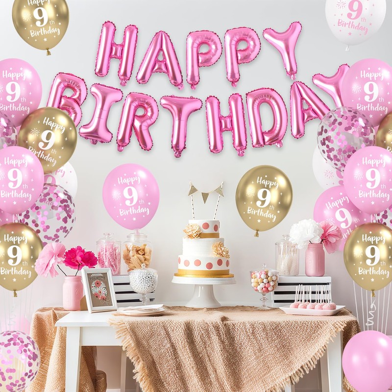 Happy 9th Birthday Balloons Pink Gold