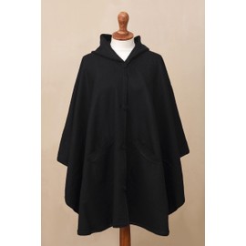 NOVICA Artisan Handmade Alpaca Blend Hooded Ruana Cape Andean with Acrylic Wool Clothing Wraps Ruanas Black Solid Peru ' Glamorous Night'