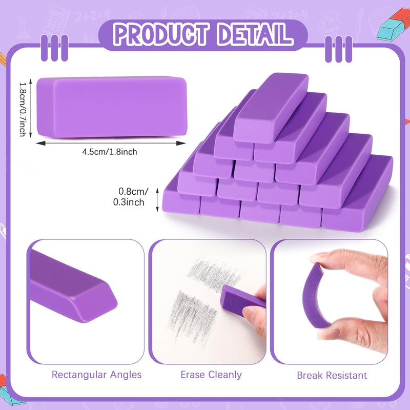 Wearage 72 Count Purple Pencil Erasers Rectangular Rubber Eraser Bulk