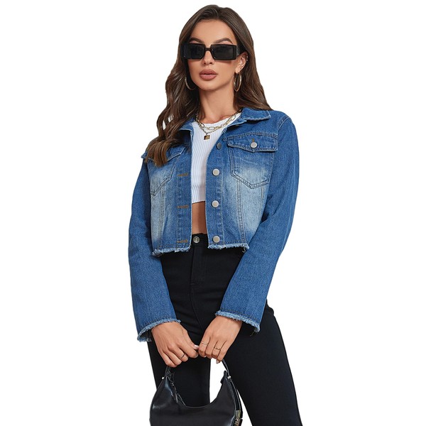 YILANUOYI Women's Cropped Jean Jacket Button Up Casual Ripped Frayed