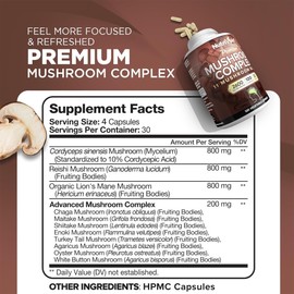 Nutrivein Premium Mushroom Supplement 2600 mg- Bottle 120 Capsules- 11 Nootropic Mushroom Complex - Lion's Mane, Cordyceps, Chaga, Reishi, Turkey Tail,Maitake,Shiitake, Agaricus, White Button, Oyster