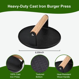 POLIGO 5PCS Smash Burger Press Kit - 4 in 1 Hamburger Patty Storage Containers,6.69" Round Cast Iron Smash Bacon Press- Non Stick Smash Burger Press Set for Grill and Griddle Cooking