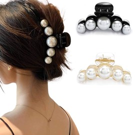 Runmi Hair Claw Clips Pearl Hair Claws Black Hair Clips Big Hair Claw French Design Hair Accessories for Women and Girls(2Pcs)