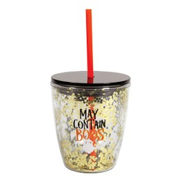 C.R. Gibson QIGT-24073 May Contain Boos Plastic Double Wall Insulated Tumbler with Straw and Lid, Orange, Black, and Gold, 12 fl. Oz.