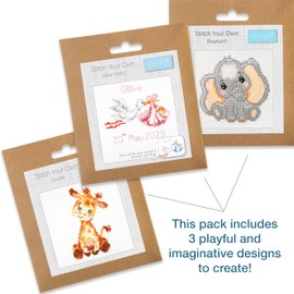 Trimits 3PK Cross Stitch Bundle – Counted Embroidery Kit, Beginner & All Level Starter Set, Complete with Instructions & Thread Children Wall Home DIY Décor –13x13cm– New Baby Boy & Girl Birth Sampler