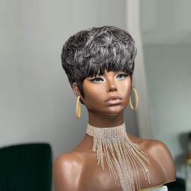 PurpleSexy Short Pixie Cut Human Hair Wig Salt and Pepper Gray Hair Black Mixed 60# Color Short Layered Pixie Style for Black and White Women Glueless Full Machine Made Throw on and go Wig