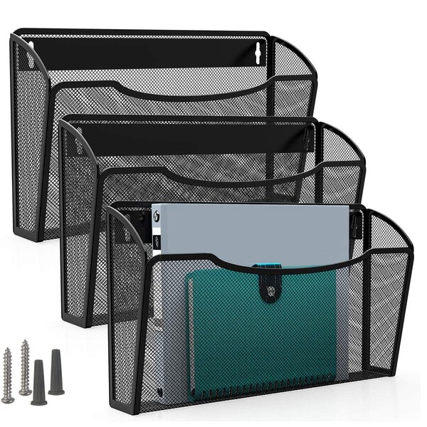 MaxGear Mesh File Holder Wall Organizer 3 Pockets Hanging File Organizers Wall Mounted Paper Organizer Holders Wall Bins for Office and Home, Black