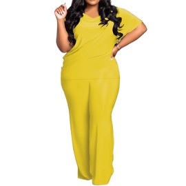 TOPSRANI Womens Plus Size Lounge Set V-Neck 2 Piece Outfits Sweatsuits Tracksuit Short Sleeve Baggy Wide Leg Pant Sets with Pockets Yellow 5XL