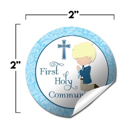 First Holy Communion Religious Thank You Sticker Labels for Boys (Light Skin, Blond Hair), 40 2" Party Circle Stickers by AmandaCreation, Great for Party Favors, Envelope Seals & Goodie Bags