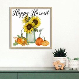 Nintydays Happy Harvest Pumpkin Wood Signs Sunflower Pumpkin Signs Farmhouse Rustic Wall Decor Sign for Nursery Decor Bedroom Bedroom Decor Rustic Home Decor Frame Thanksgiving Decorations 12x12in