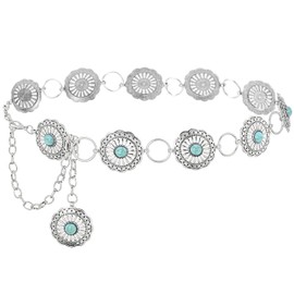 ELABEST Turquoise Chain Belt Silver Concho Belt Cowgirl Cowboy Western Waist Chain for Women and Men