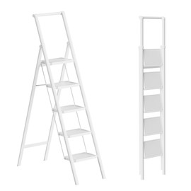 GameGem 5 Step Ladder for 10 Feet High Ceiling, Folding Step Stool Stepladders with Anti-Slip and Wide Pedal for Home and Kitchen Use Space Saving (White)
