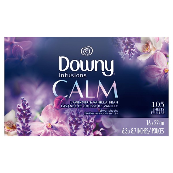 Downy Infusions Fabric Softener Dryer Sheets, Calm, Lavender & Vanilla Bean, 105 count