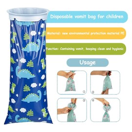 Biluer Pack of 16 Burp Bags, Vomiting Bags, Car, Poop Bags with Ring, for Children and Adults, Burp Bags for Nausea and Vomiting in the Car and on the Go 1500 ml Disposable Bags (Small Dinosaur)