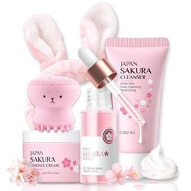 Sakura 스킨케어 세트 사쿠라 틴 걸 선물 - 10-12 청소년용 클렌저, 세럼, 크림, 토끼 머리띠를 가진 여성용 여행 Sakura Teen Girl Skincare Set Gift - 10-12 Years Old Travel Kit for Women with Cleanser, Serum, Cream, Bunny Headband [SAKURA]