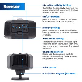 Solar Driveway Alarm Wireless Outside Weatherproof 1/2 Mile Long Range, Outdoor Motion Sensor Detector Alarm Driveway Alert System with Rechargeable Battery/Expandable (1 Sensor Only)