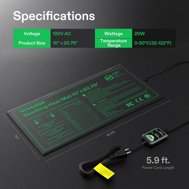 VIVOSUN 10"x20.75" Seedling Heat Mat with Built-in Temperature Controller, UL