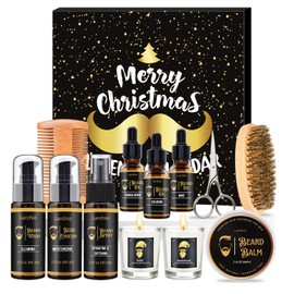 Men Christmas Gifts, Stocking Stuffer for Men with 12 Day Beard Grooming Kits with Beard Oil, Beard Spray, Beard Balm and Beard Conditioner and Beard Comb Holiday Scented Candle