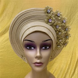 African Headtie Turban Nigerian Muslim Headwear Gele Head Wrap Sego Auto Gele Headties Already Made Women's Headband For Party (Mikin)