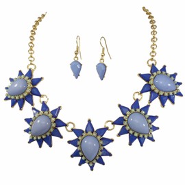 Gypsy Jewels Teardrop Cluster Burst Dot Multi Color Bubble Gold Tone Boutique Statement Necklace Earrings Set (BLUE WITH MINT GREEN)