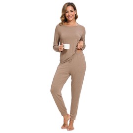 GYS Bamboo Viscose Sleep Sets for Women Long Sleeve Crew Neck Pajama Sets with Pockets, Camel, X-Large