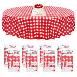 Showgeous 8 Pack Red and White Checkered Tablecloth 84" Round Gingham Tablecloth Disposable Plastic Table Covers Picnic Party Table Cloths Waterproof Round Tablecloth for Parties Birthday Holiday