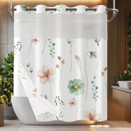 Fungarth No Hook Shower Curtain with Snap in Liner Set Watercolor Floral Hookless Shower Curtains for Bathroom Green Pink White Plant Flower Leaf Waterproof Fabric Hotel Bath Curtain 71 x 74 Inch