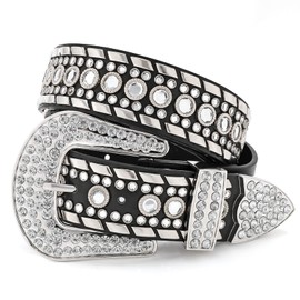 WERFORU Women Rhinestone Belt Stylish Shiny Crystal Western Belt Cowgirl Cowboy Bling Studded Leather Belt Black