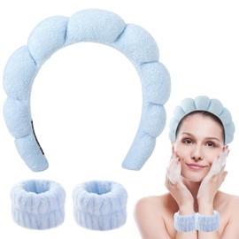 Paifeancodill Spa Headband for Women, 1 Pcs Sponge Spa Headband, 2 Pcs Wrist Washband, Makeup Headband for Washing Face Hair Band Skincare Headbands for SPA Shower Sponge Headbands Wristbands (Blue)