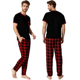 YUSHOW Mens Pyjamas Sets Short Sleeve Pjs Set Soft Loungwear Crew Neck Shirts & Checked Bottoms Pyjamas for Men Sleepwear PJs Nightwear with Pockets