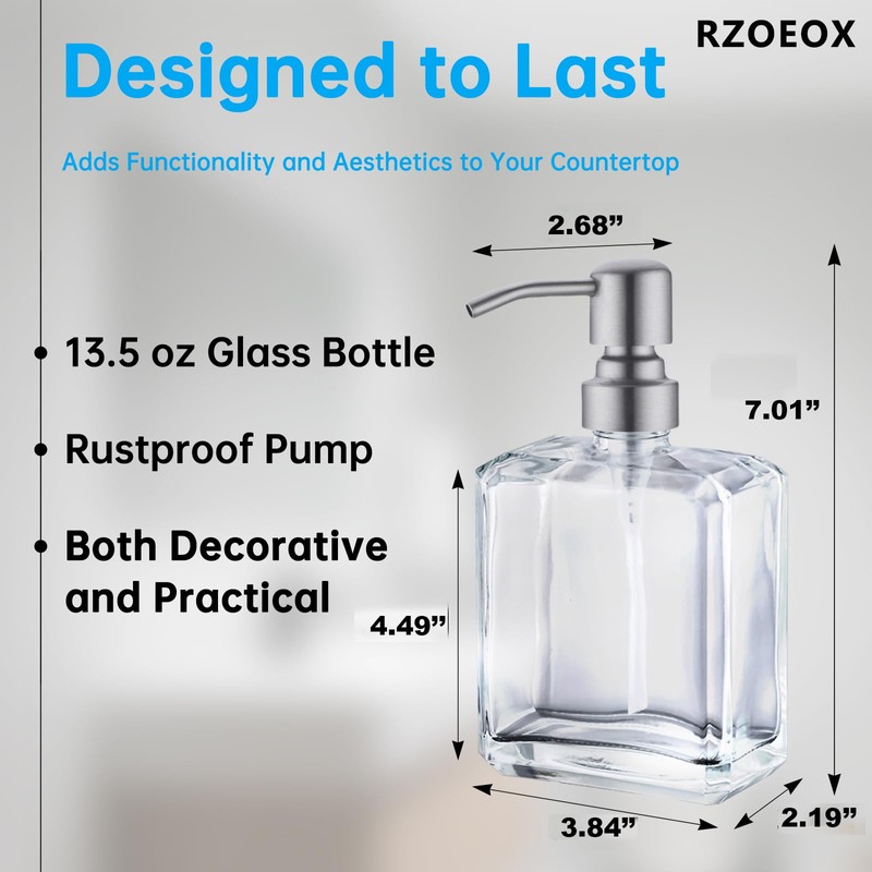 Rzoeox Clear Glass Soap Dispenser with Brushed Nickel Pump, 13.5