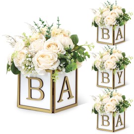 Acmee 4 Set Baby Shower Centerpieces for Tables - 6 inch Wooden Boxes with Baby Letters Rustic Cube Planter Wood Blocks for Boy Girl Gender Reveal Party Favor (Gold)