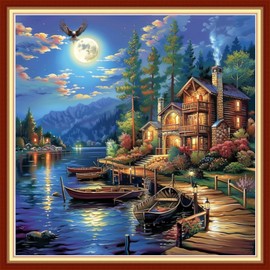 Joyhoor Stamped Cross Stitch Kits for Beginners Needlepoint Kits for Adults Embroidery Kits 11CT Counted Cross Stitch Kits Printed Embroidery Pattern-Lakeside Scenery 18x18 inchs