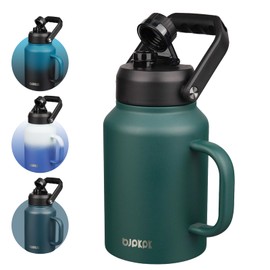 BJPKPK 64oz Insulated Water Bottle with Handle, Large Dishwasher Safe Half Gallon Water Bottle, BPA Free Water Jug, Wide Mouth Metal Water Bottle with Anti-slip Bottom, Keep Cold & Hot, Army Green