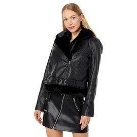 [BLANKNYC] Womens Luxury Clothing Vegan Leather Moto Jacket With Fur Trim, Comfortable & Stylish Coat, Perfect Night, X-Small
