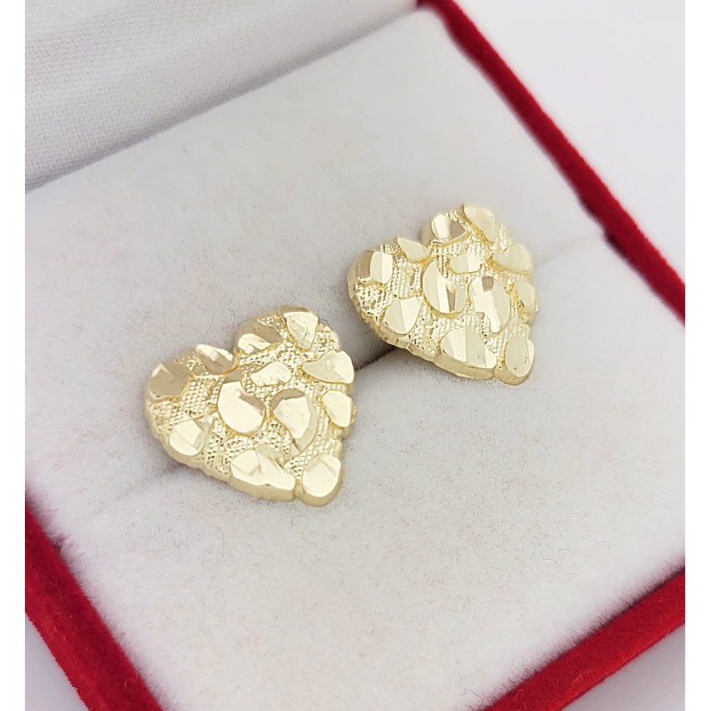 10K Yellow Gold Diamond Cut Nugget Heart Earrings Large