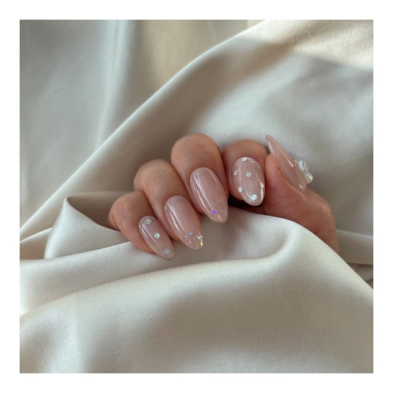 Pink nude tone wedding nail tips twinkle dot ribbon parts,