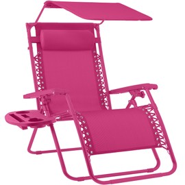 Best Choice Products Folding Zero Gravity Outdoor Recliner Patio Lounge Chair w/Adjustable Canopy Shade, Headrest, Side Accessory Tray, Textilene Mesh - Hot Pink
