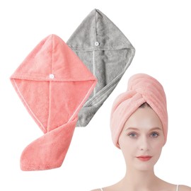 Huotflame Microfibre Hair Turban Set of 2 - Super Absorbent & Quick-Drying Women's Towel Turban for Hair - Coral Fleece Head Towel with Button in Pink & Grey - 25 x 65 cm Microfibre Towel