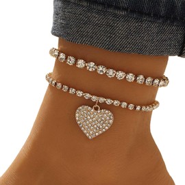 Wendalern Gold Tennis Ankle Bracelet Layered Crystal Chain Anklet Shiny CZ Heart Anklet Beach Wedding Tennis Ankle Chain Foot Jewelry for Women Girls