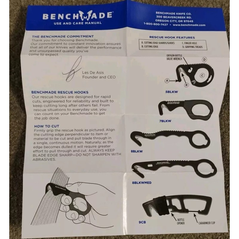 Benchmade Rescue Hook 8 BLKW 440C Safety Cutter Sheath NIB