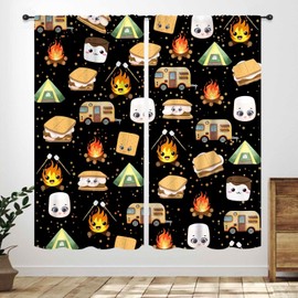 Happy Camper - Cortinas de cocina, caravana con diseño de oso de dibujos animados, bosque, granja, lindas fogatas para acampar, cuarto de bebé, recámara, sala de estar, baño, tratamientos de ventana