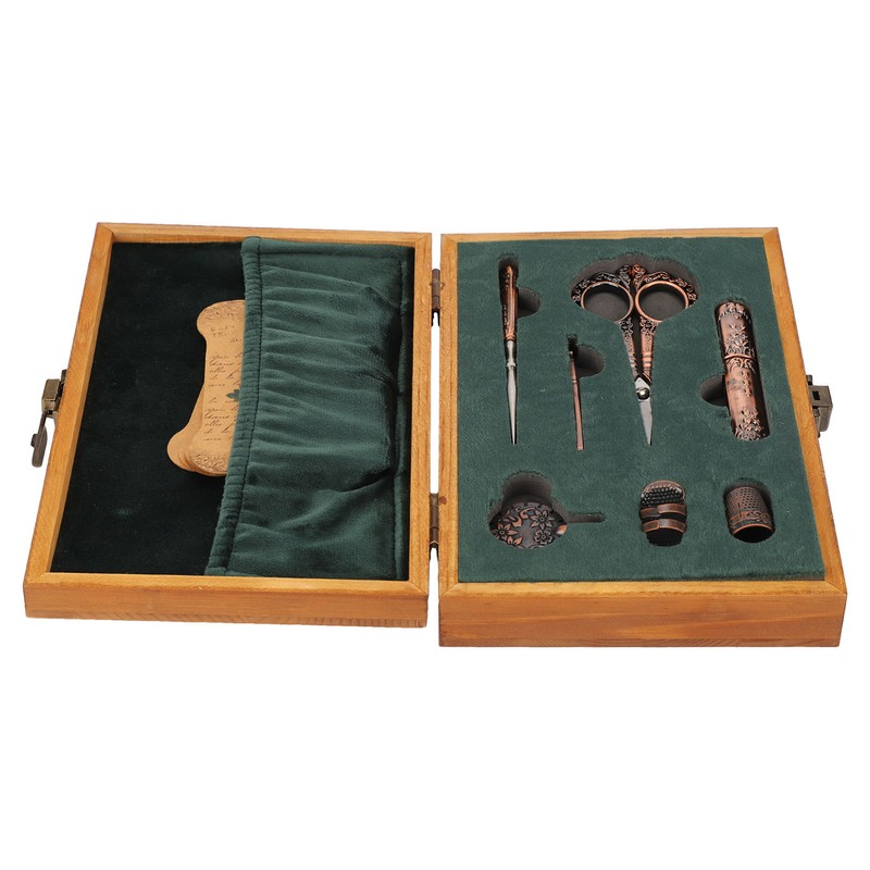Vintage Embroidery Scissors Set Wooden Stainless Steel Sewing Box Scissors
