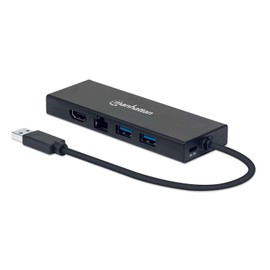 Manhattan -Products USB-A Hub - Multiport with 1 x HDMI, 1 x VGA, 2 x USB 3.0, 1 x Ethernet Port, 1 x Micro USB, Dual Monitor, Plug & Play, Notebooks
