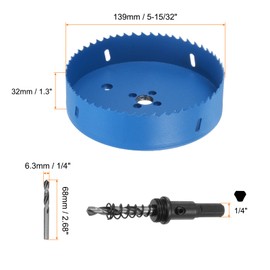 sourcing map Bi-Metal Hole Saw Kit 139mm (5-15/32") Hole Cutter Set with 1pcs 1/4" Hex Shank Arbor 2pcs 1/4" Center Drill Bits 2ps Springs 1pcs Wrench for Wood Plastic Soft Metal