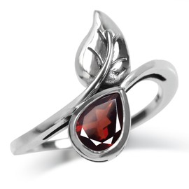 Silvershake 8X6mm Pear Shape Gemstone 925 Sterling Silver Leaf Vintage Inspired Solitaire Bypass Ring Jewelry for Women, 6.5, Sterling Silver Rhodium/White Gold & Antique Finishing, natural red garnet