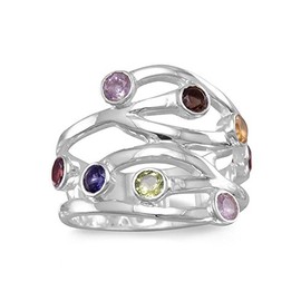 Precious Stars Jewelry Sterling Silver Multi Gemstone Open Design Wide Ring