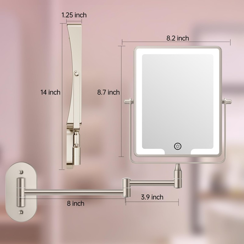 FASCINATE Rechargeable Wall Mounted Makeup Mirror, Bathroom Mirror Rectangle 8.7