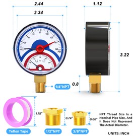 MEANLIN MEASURE 0-160Psi Thermal Pressure Gauge,0-250℉ 1/4" NPT 2.5" FACE DIAL, Boiler Temperature Pressure Gauge with Reset Pointer, with 1/2" NPT and 3/8" NPT Hex Bushing, Lower Mount